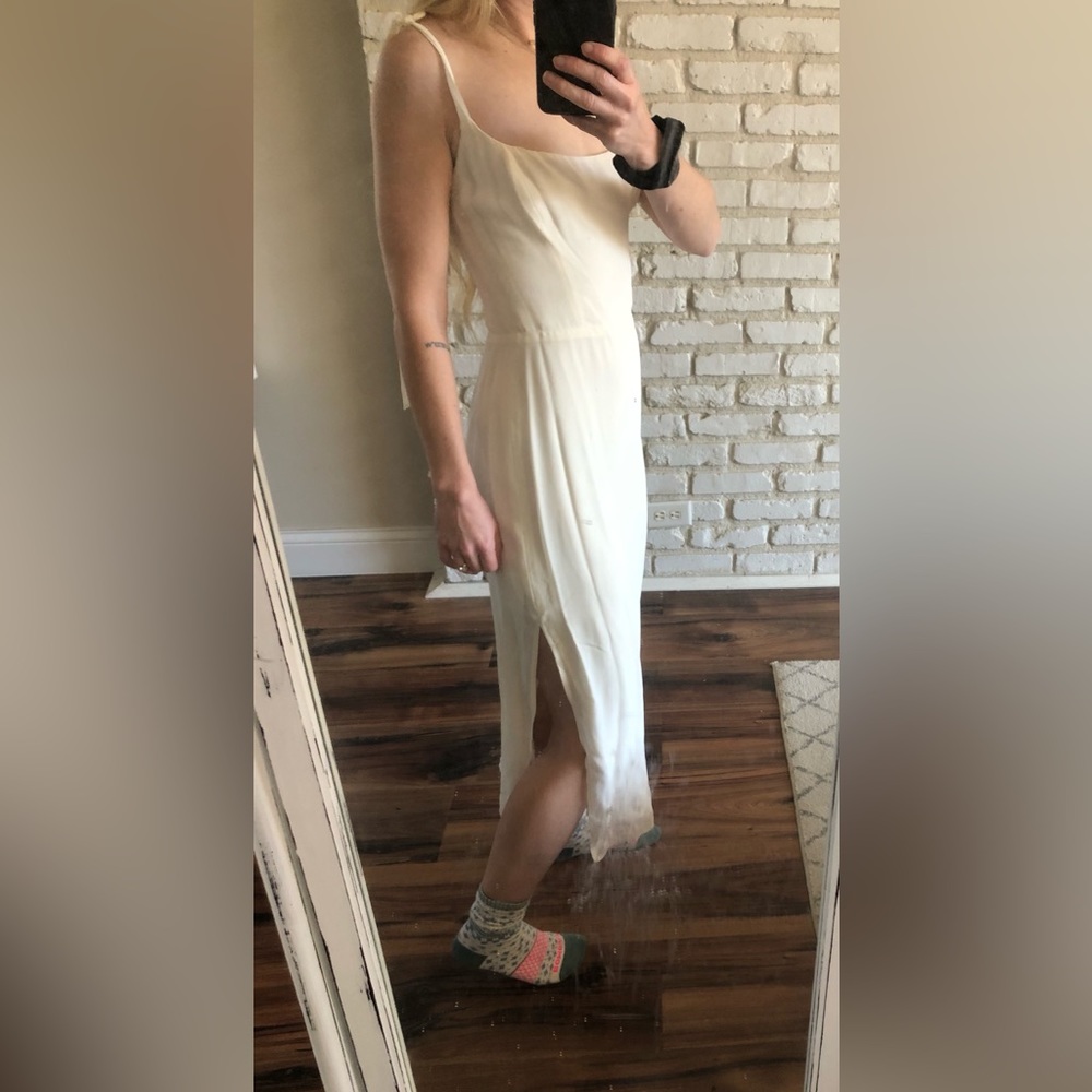 Reformation white midi dress with tie sleeves and slit on side